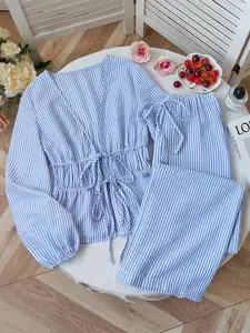 Women's blue and white striped suit - V-neck, waist-cinching with a sash, flared-sleeve shirt and wide-leg pants two-piece set, suitable for core scenarios of French-style vacations + everyday casual occasions, lazy style, Chic, Womenswear