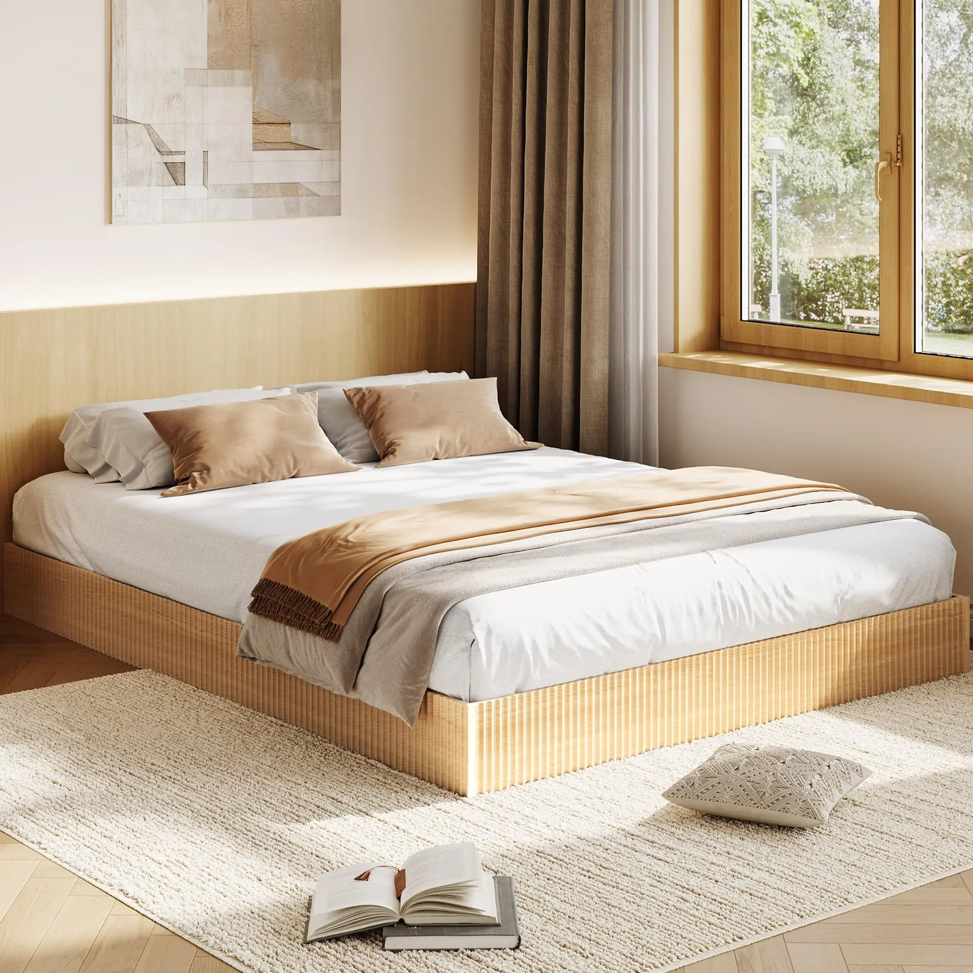 GAOMON Wood Bed Frame, Wooden Platform Bed with Fluted Design, California King Bed Frame with Study Support, Easy Assembly, No Box Spring Needed, Noise Free, Oak