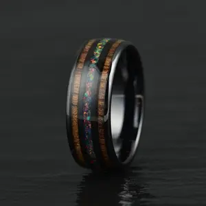 Opal Blaze Ring - Opal Koa Wood Black Ceramic Men's Wedding Band 8MM