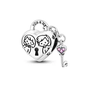 MULA 925 Silver-plated Love Lock and Key Pendant | Romantic "You and Me" Heart Pendant with Sparkling Zirconia | Suitable for Pandora Bracelets and Necklaces | Perfect Valentine's Day and Anniversary Gift
