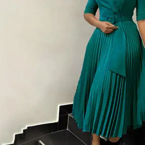 Women'sPlainPleatedBeltedALineDress,Elegant3/4SleeveLapelNeckZipperBackLongDressFormalDressforWorkOfficeBusiness,LadiesClothesBusinessDressforAllSeasons