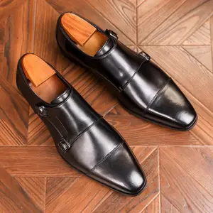 Men’s double-buckle monk shoes slip-on leather business formal comfortable wedding brandy men’s leather shoes