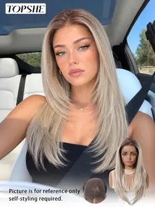 TOPSHE 13x6 Lace Front Wig, Lace Frontal, Ombre Ash Blonde Layered Long Straight Synthetic Wig, Natural Realistic Scalp, Silky Heat Resistant Wig for Women Daily Party