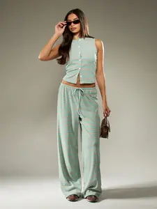 Women's 2-Piece Wide Leg Pants and Sleeveless Striped Vest Set, Casual Spring & Fall Knitted Cardigan, Perfect for Comfort and Fashion Outfit