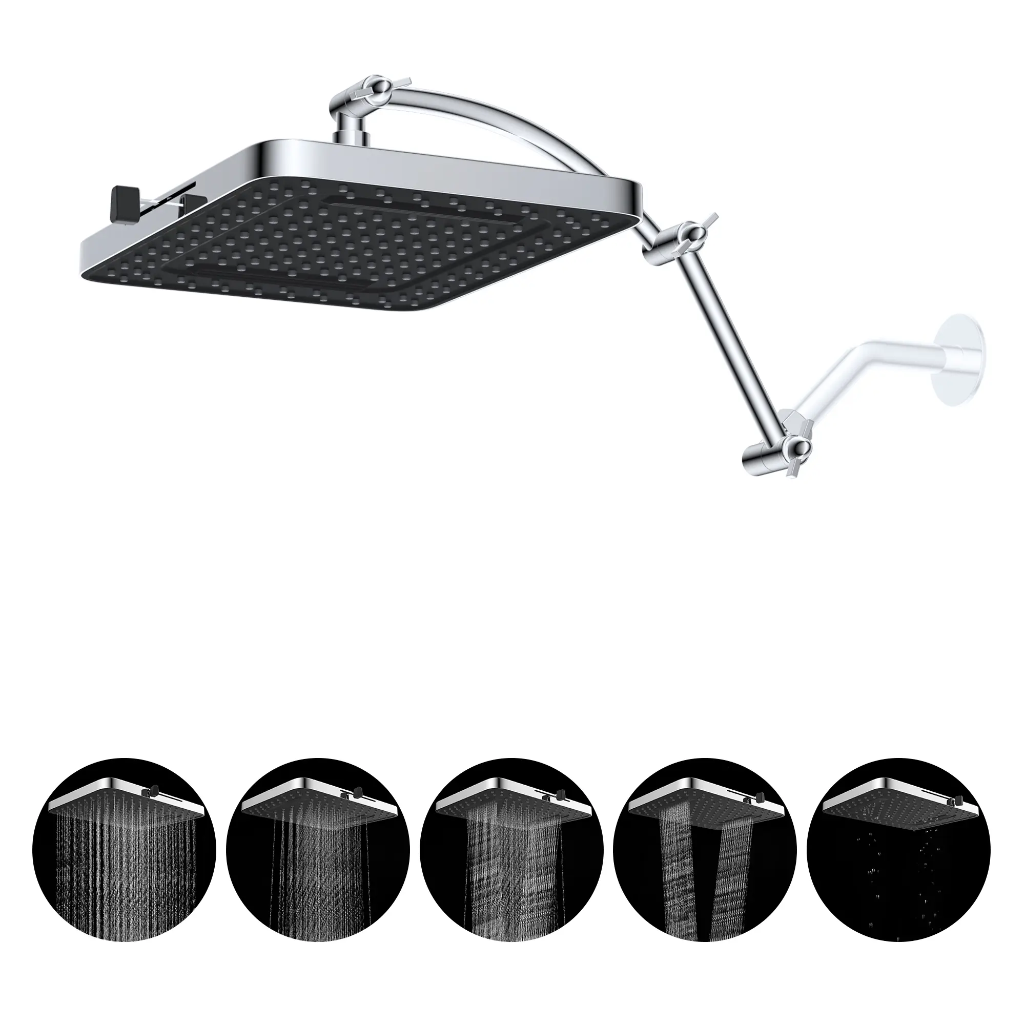 Hibbent 13'' High-Pressure Rainfall Square Shower Head - 5 Spray Modes, 16'' Extension Arm, Solid Brass Adjustable Extender, Pressure Boosted Chrome Waterfall Fixed Showerhead, Pressure Boosted Shower