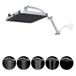 Hibbent 13'' High-Pressure Rainfall Square Shower Head - 5 Spray Modes, 16'' Extension Arm, Solid Brass Adjustable Extender, Pressure Boosted Chrome Waterfall Fixed Showerhead, Pressure Boosted Shower