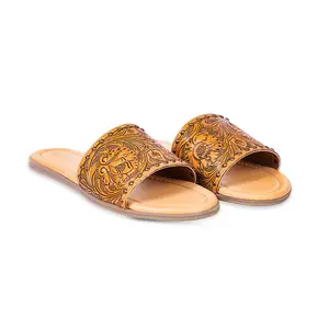 Myra Kasandra Handtooled Leather Slip-Ons for Women – Western Slides with Tooled Floral Design and Padded Insole