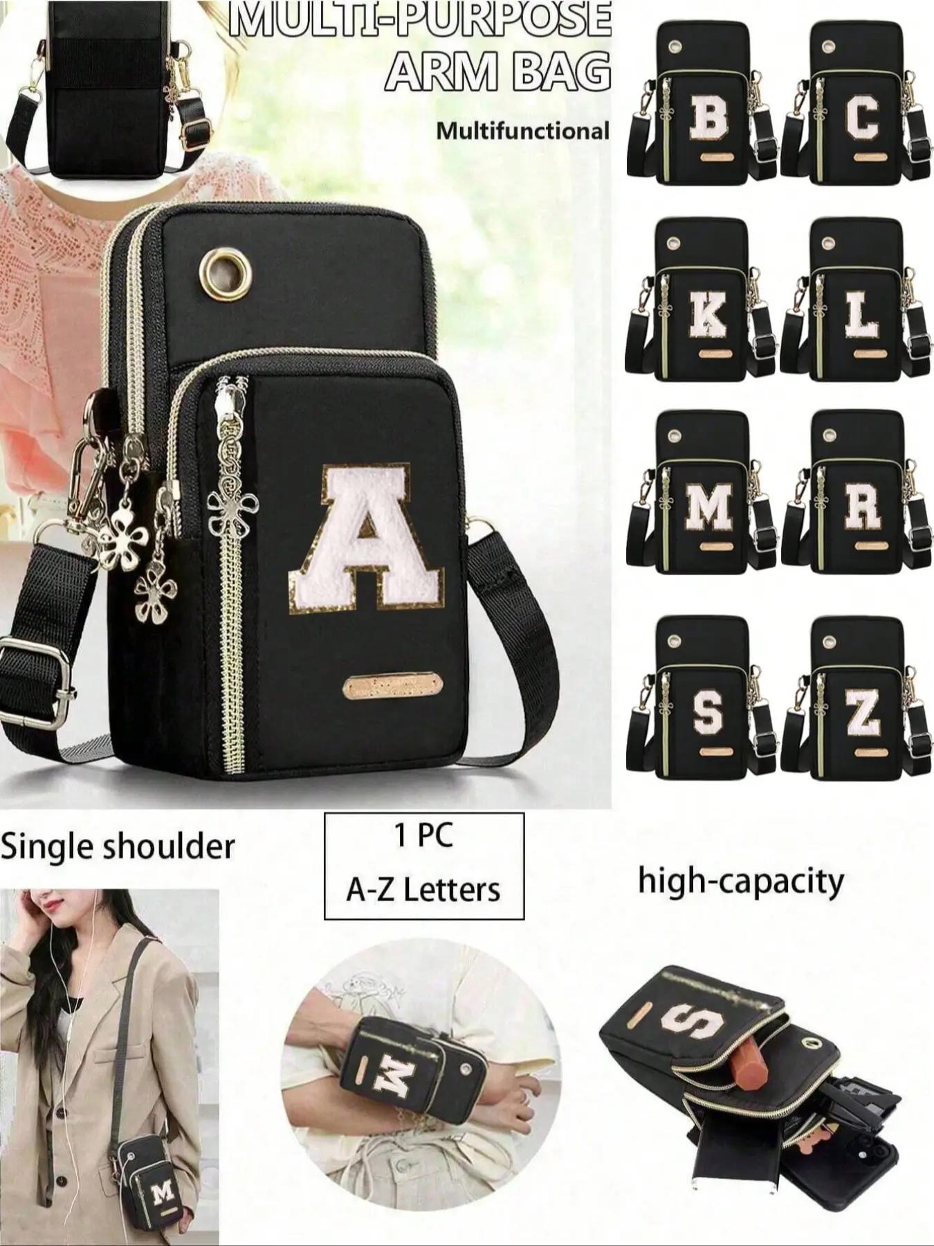 Women's Towel Cloth Mini Crossbody Bag, Embroidered Letters A-Z, Sport Wrist Guard, Earphone Hole, Fashionable Gift for Various Occasions, Crossbody Purses