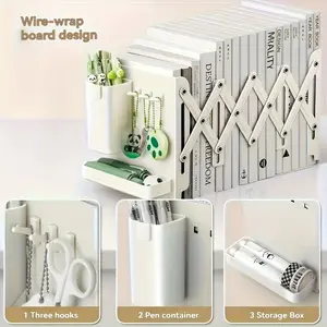 A set of durable multifunctional retractable bookends, with pen container, Pencil Holder, storage box and hook, 6-piece folding space-saving desktop shelf, and thickened partition metal book storage shelf, Office Stationery Supplies