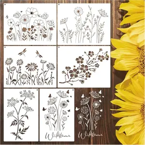 Large Wildflower Stencil for Painting on Wood Reusable Spring Flower Stencils Floral Pottery Templates for Walls Canvas Fabric Home Decor (Wildflower 6Pcs) Hosomono