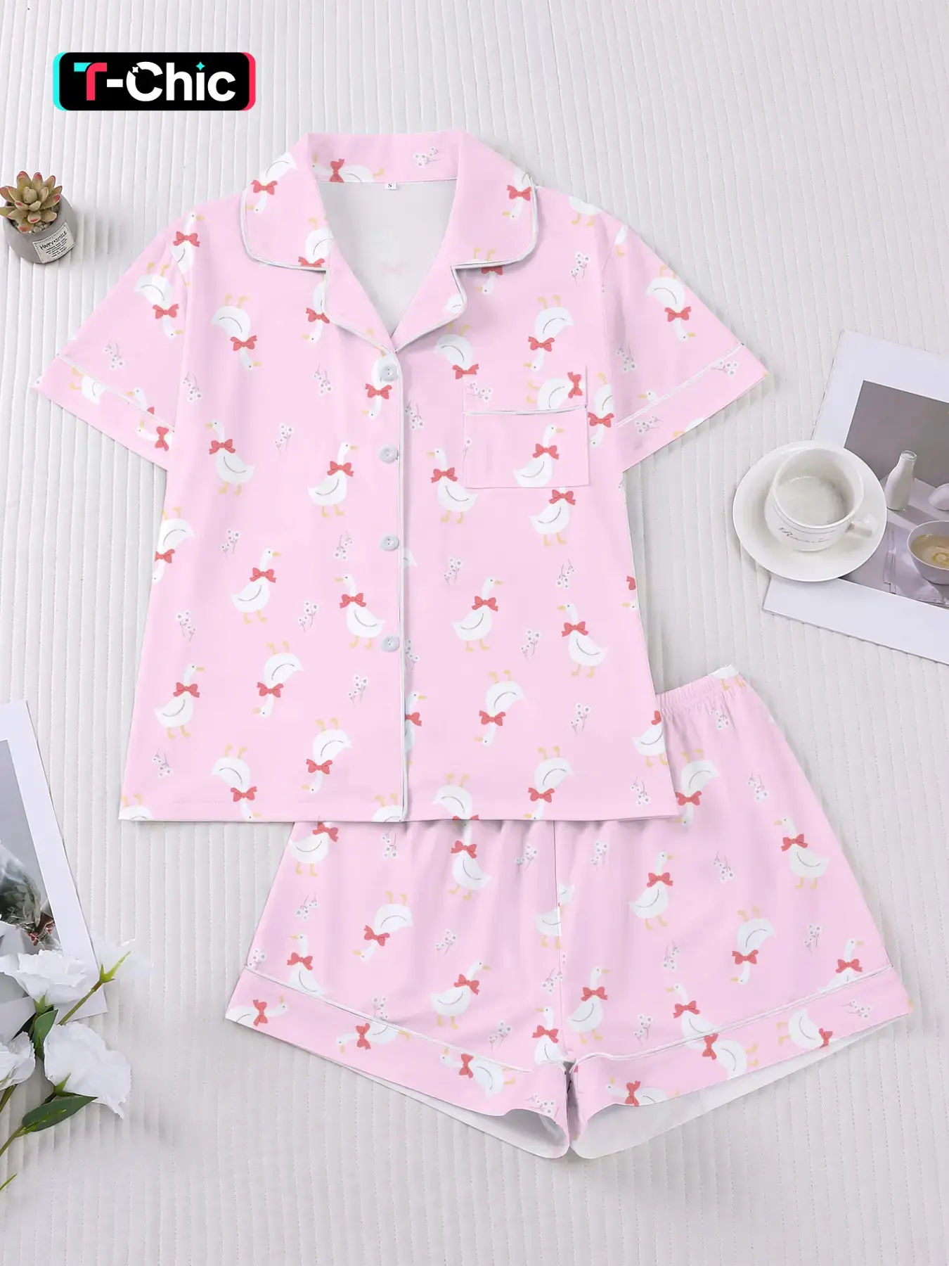 Women's Summer Pajama Set, Cute Cartoon Print, Button Front, Fitted, Casual Style, Matching Loungewear, Short Sleeve Open Cardigan Top & Elastic Shorts, Comfortable Sleepwear Loungewear, Ladies Loungewear, Pjs, Pyjamas