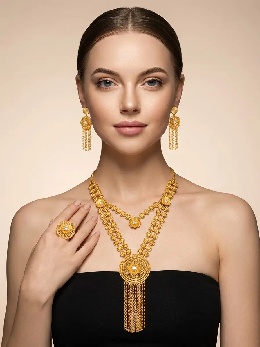 Women's 3-Piece Jewelry Set, Gold Plated with Metal Coating, Tassel Fringe Necklace with Pendant for Chain, Floral Motif Ring & Clip Earrings for Ceremony or Daily Wear, Glamorous, Female, Everyday