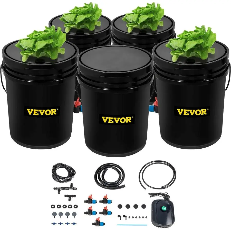 【DealsForYouDays】 VEVOR DWC Hydroponic System, 5 Gallon 5 Buckets, Deep Water Culture Growing Bucket, Hydroponics Grow Kit with Pump, Air Stone and Connected Reservoir, for Indoor/Outdoor Leafy Vegetablesdealsforyoudays