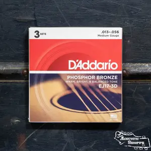 D'Addario EJ17-3D Phosphor Bronze Acoustic Guitar Strings, Medium, 13-56, 3 Sets