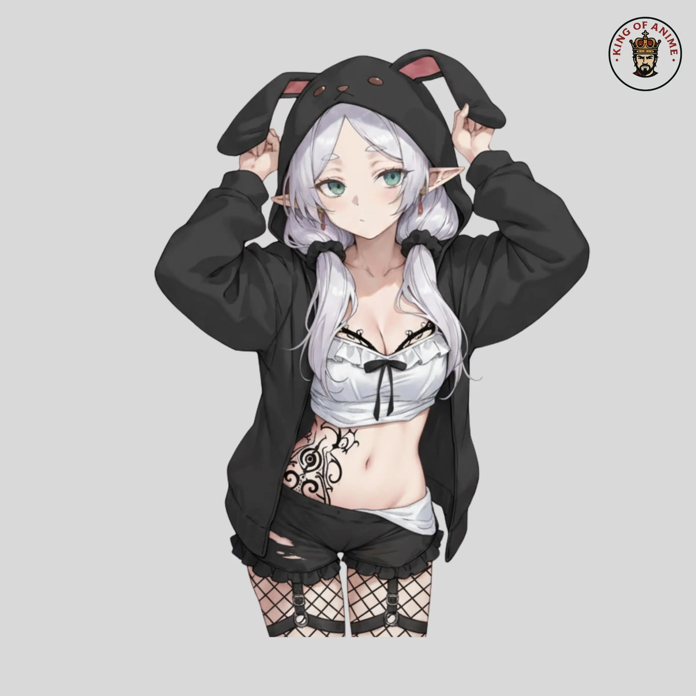 Goth Bunny Frieren Hoodie Sticker – Frieren Black Outfit Anime Aesthetic for Laptop & Water Bottle
