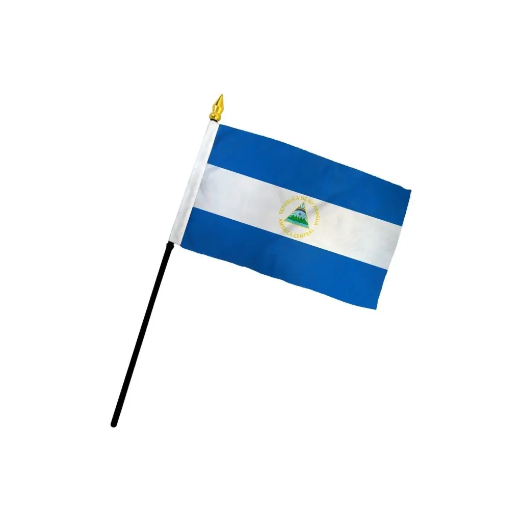 Nicaragua National 4x6in Stick Flag, Synthetic Polyester Fabric, Bright Printed Colors, Stitched Edges, Black Stick, Plastic Gold Spear Finial, for Desk Display & Festive Backdrops, 4X6 Inches
