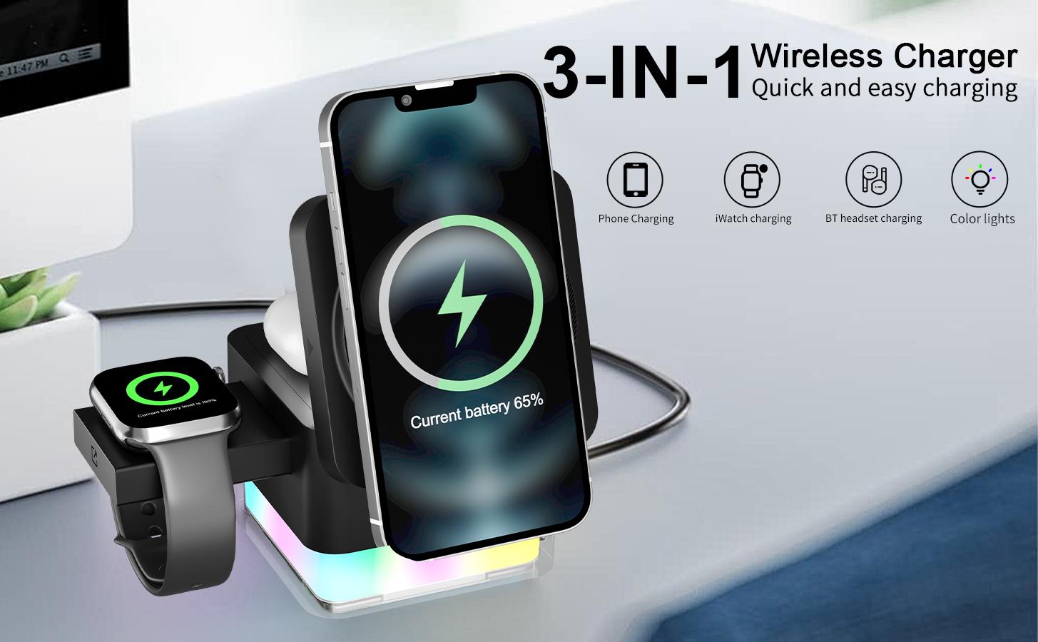 15W Fast Charging Station, Foldable Wireless Charging Stand for Galaxys S25 S24 S23/ iPhone 17 16 15 14, 13, 12, Pro/Pro Max for iWatch 3-11, SE/Ultra Airpods 4/3/2/Pro