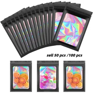 50/100PCS Black Mylar Holographic Resealable Bags,Clear Packaging Bag Odor Proof Foil Pouch Bag for Food Storage, Holographic Bags, Lipgloss, Jewelry, Resealable Bags For Small Business - 3x4.7 Inch | zipper lock, Resealable Mylar Bags