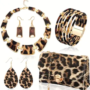 5/pcs set unisex Bohemian style leopard print jewelry sets - plastic fashion accessories including personalized necklaces, earrings, bracelets, and handbags - suitable for daily and vacation wear