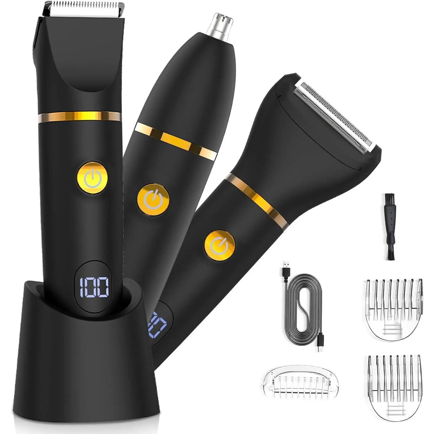 3‑in‑1 Waterproof Men Body Hair Trimmer, Ceramic Blade Multi‑Functional Manscaping Kit for Beard, Nose, Groin & Pubic Hair, Men Self‑Care Gift