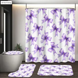 1/3/4PCS Purple Bows Shower Curtain Set with Rugs, Non Slip Bath Mat, U-Shape Carpet, Toilet Lid Cover, Bathtub Curtain Accessories, 12 Hooks, Home Bathroom Festival Decor