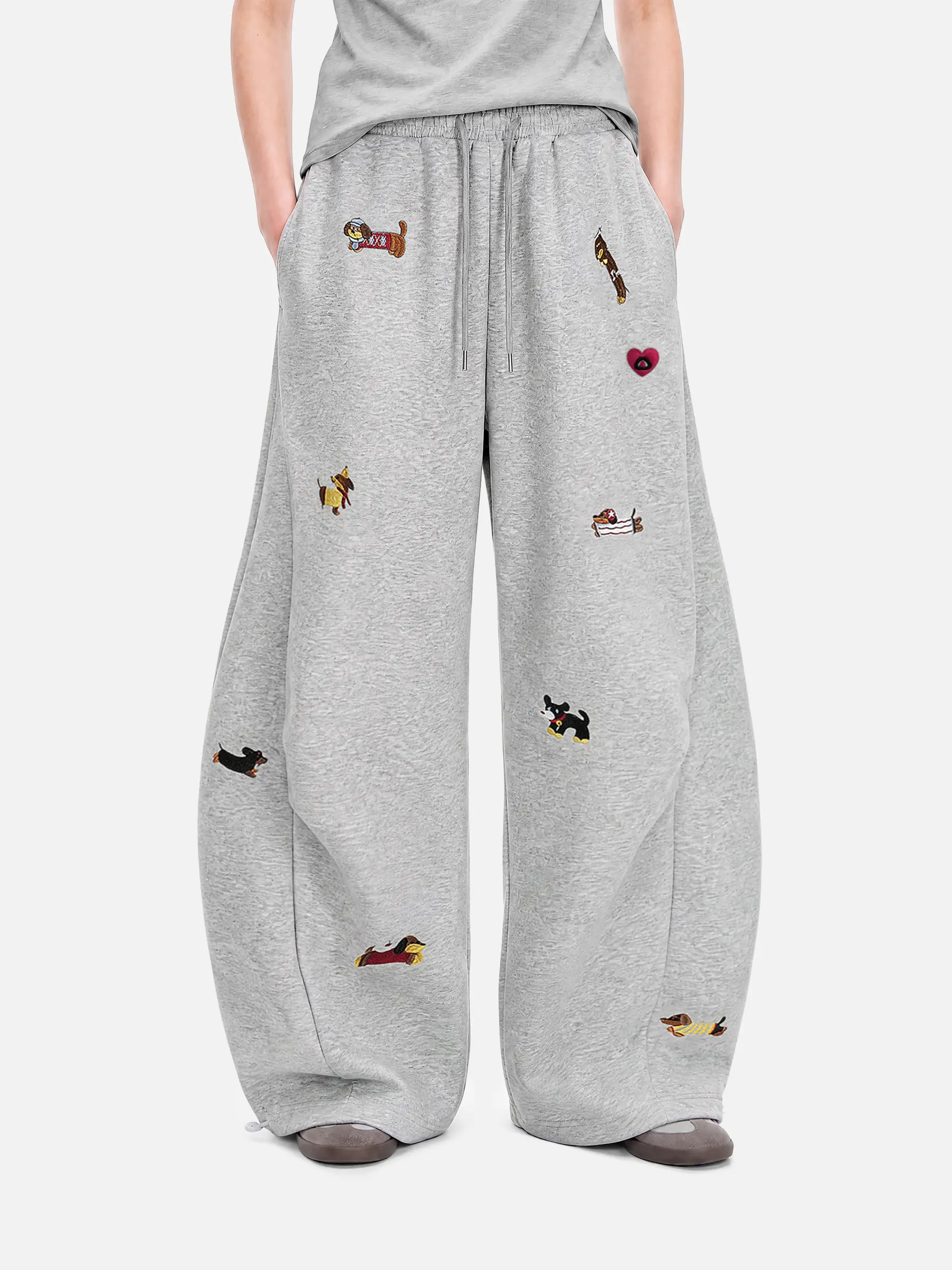 Aelfric Eden Women's Stylish Soft Embroidered Cartoon Animal High-Waist Medium Baggy Wide-Leg Tracksuit Pants - Drawstring Elastic Waist, Pockets, Fitted Workout Jogger, Casual Vintage Streetwear Women's Clothing