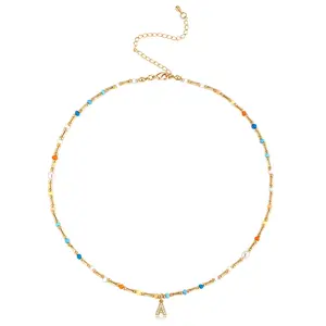 Colorful Beaded Alphabet Necklace for Women Handmade Jewelry 14k Gold Letters A to Z Pendant Necklace 3 inch Extension Chain