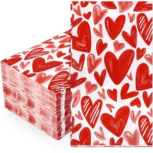 100Pcs Valentine's Day Heart Guest Napkins Red Love Heart Disposable Napkins Watercolor Dinner Hand Towel Paper Napkins For Bathroom Wedding Anniversary Party Table Supplies