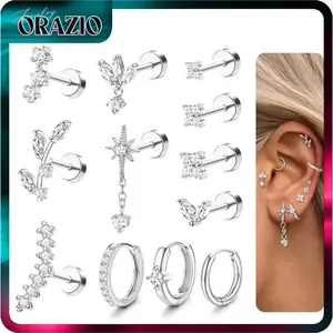 ORAZIO 16 Gauge Cartilage Earrings for Women Hypoallergenic Surgical Steel Flat Back Stud Hoop Daith Conch Tragus Helix Piercing Jewelry Stack Set Silver Earrings