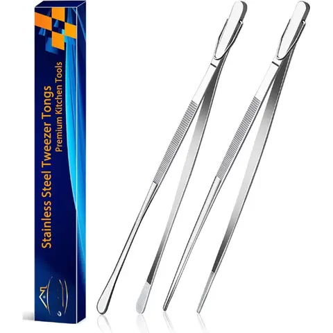 2 Pcs 12-Inch Kitchen Tweezers Fine Tweezer Tongs Set , Extra-Long Portable Stainless Steel Cooking Tweezers (Silver)