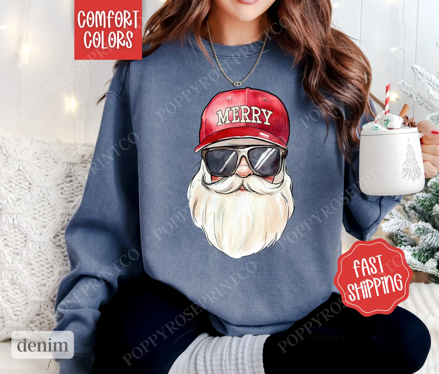 Cool Santa Sweatshirt Comfort Colors, Preppy Christmas Sweater,  Womens Holiday Crewneck