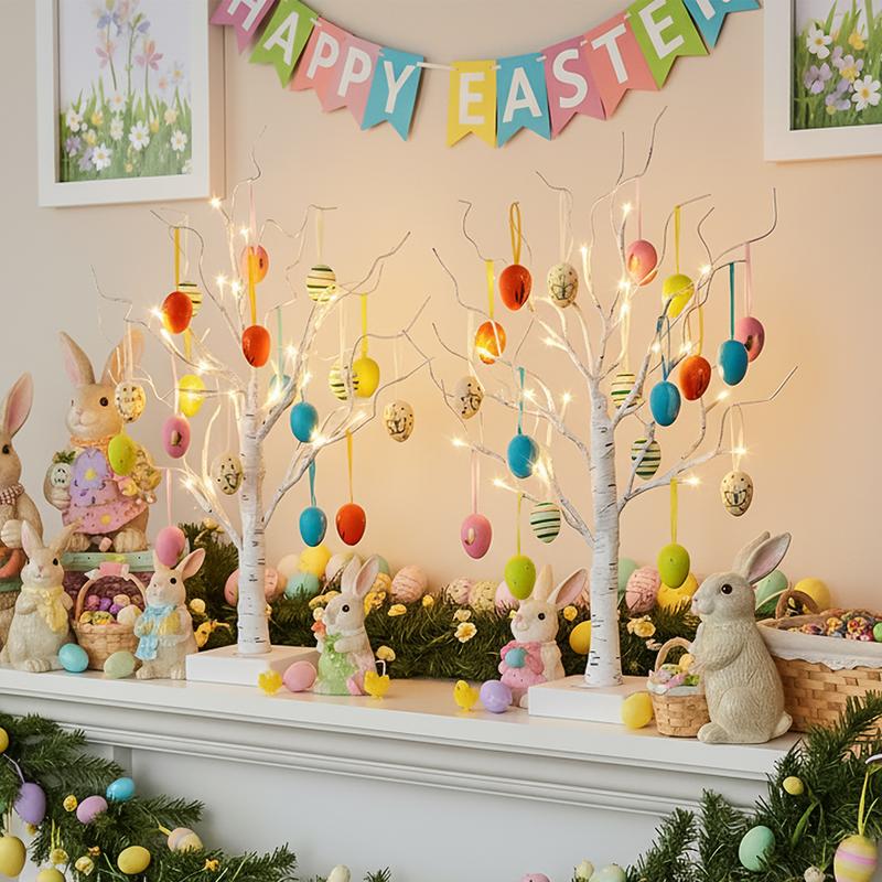 EAMBRITE Easter Decorations Lighted White Birch Tree with 18x2 Eggs Ornaments, 24 LED Lights, Battery Powered Timer, Tabletop Centerpiece for Spring Home Decor, 2 Pack