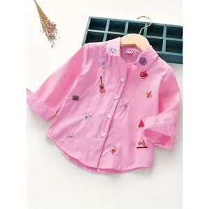 NewGirls' Embroidered Long Sleeve Cartoon Collar T-Shirt Top for Toddlers and Kids TX18733 Cotton Blend Casual Spring Fall