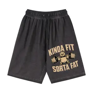 Kinda Fit Sorta Fat Cute Gym Bear Washed Cotton Shorts | Funny Workout Graphic Drawstring Shorts, Vintage Gradient Casual Athletic Shorts for Men, Perfect Gym & Summer Daily Wear