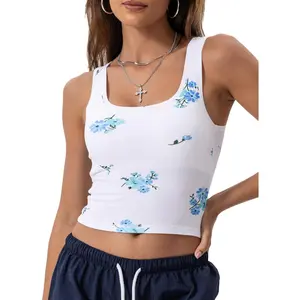 Women Rib Tank Top Padded Workout Top Square Neck Crop Tank Fitted Basic Cami Tops