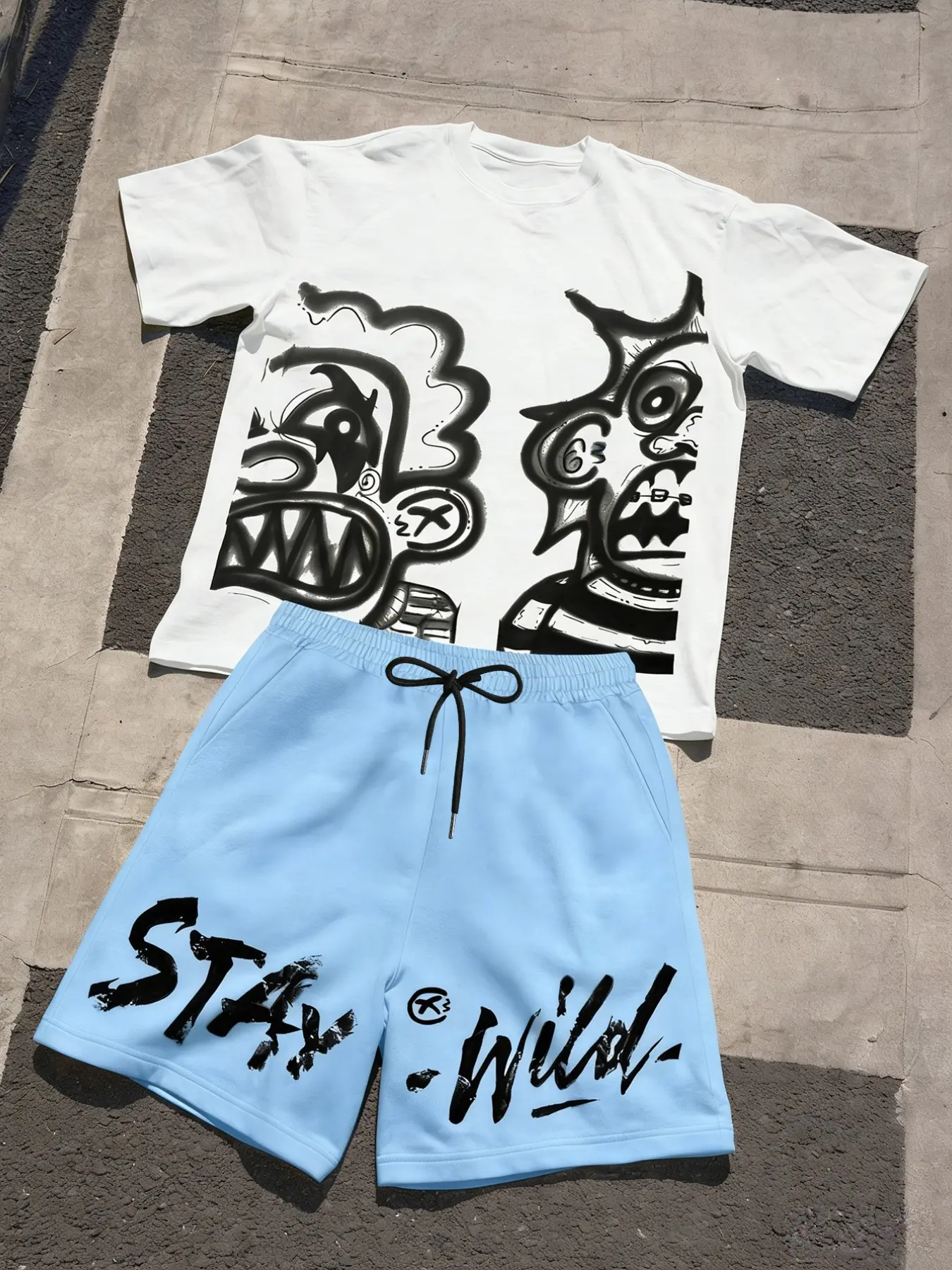 Unisex Loose Fit 'stay Wild' Cartoon Graffiti Graphic Two-Piece Set, Casual Street Style Fashion Streetwear Man T-Shirt & Light Blue Shorts, Y2K Street Art Aesthetic Clothes