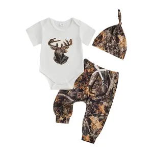 Newborn Baby Boy Hunting Clothes Deer Short Sleeve Romper Bodysuit Camouflage Pants Hat Set 3Pcs Spring Summer Fall Outfits