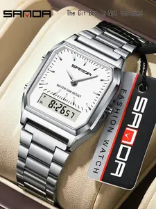 Sanda Fashion Square Digital Watch, Multifunctional Stopwatch Alarm, Luminous Waterproof, Student Wristwatch, Analog Display, Zinc Case