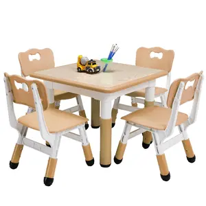 Kids Table and Chairs Set, Height Adjustable Desk with 4 Seats for Ages 2-10,Arts & Crafts Table,Graffiti Desktop, Non-Slip Legs, Max 300lbs, Children Multi-Activity Table for Classrooms,Daycares,Home,Wood