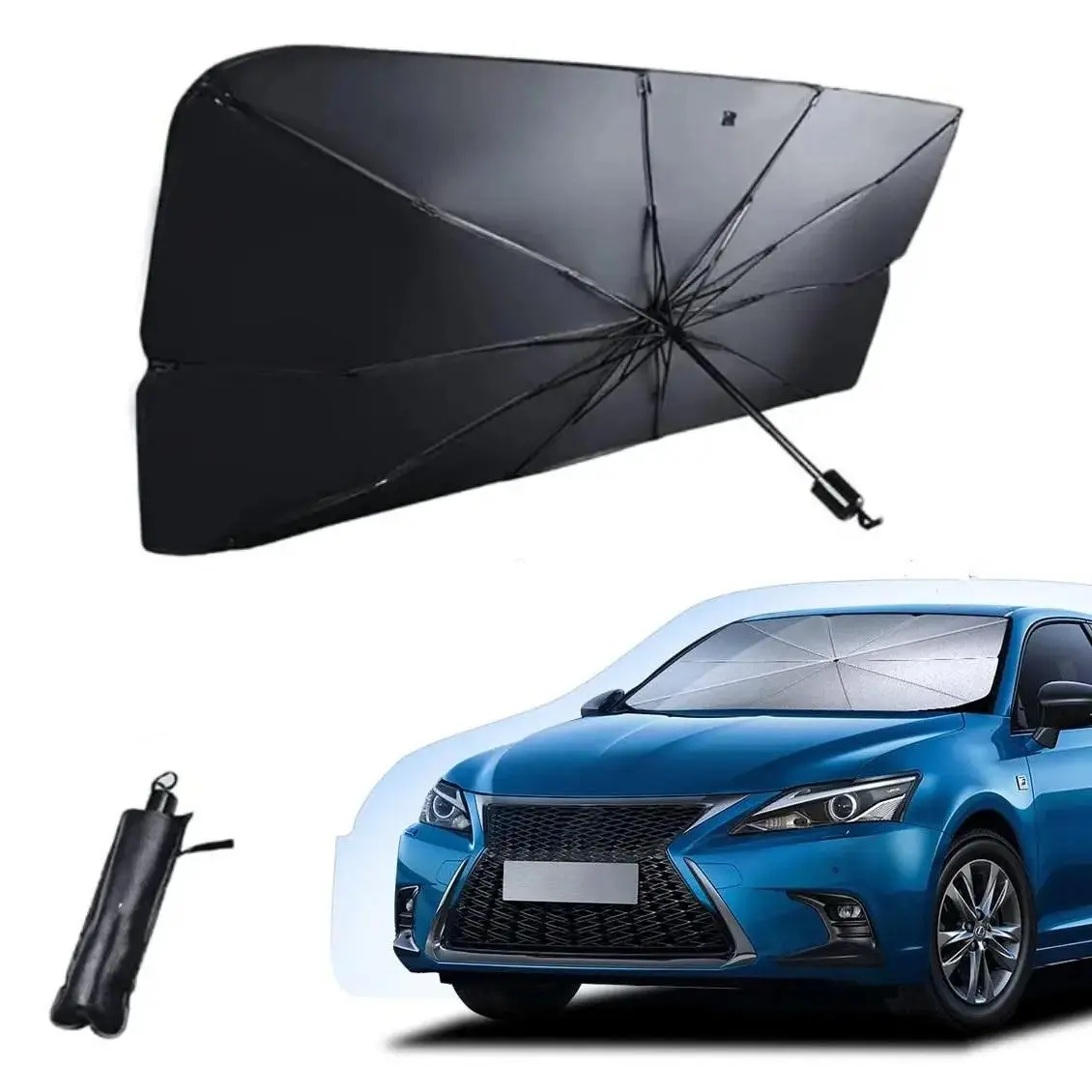 UV Protective Sunshade Windshield Cover, 57x33in Fabric Heat Reflection Car Front Window Accessory, Compact Folded Foldable Exterior Shield for Most Vehicles, Wrap Around