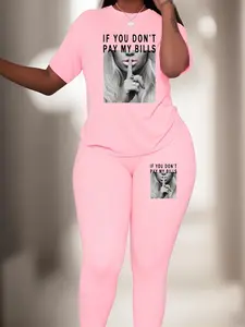 【Plus Size】 Two-Piece Set Matching Sets Letter Graphic Print Tee & Skinny Pants, Casual Short Sleeve T-shirt & Trousers, Women's Outfits for Spring & Fall, Womenswear