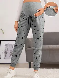 Maternity Star Print Sweatpants - Adjustable Drawstring Waist for Comfort
