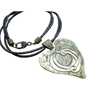 Large Heart Pendant Necklace with Leather Cord, Antique Bronze Heart Pendant on Leather Necklace, 24 Inches Long, Lead Free, 100% Lead-Free