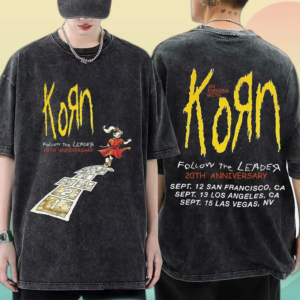 Washed Vintage Rock Band Korn Sick & Twisted Tour 2000 Tshirts Male Alternative Nu Metal Music T-shirt Men's Oversized T Shirts