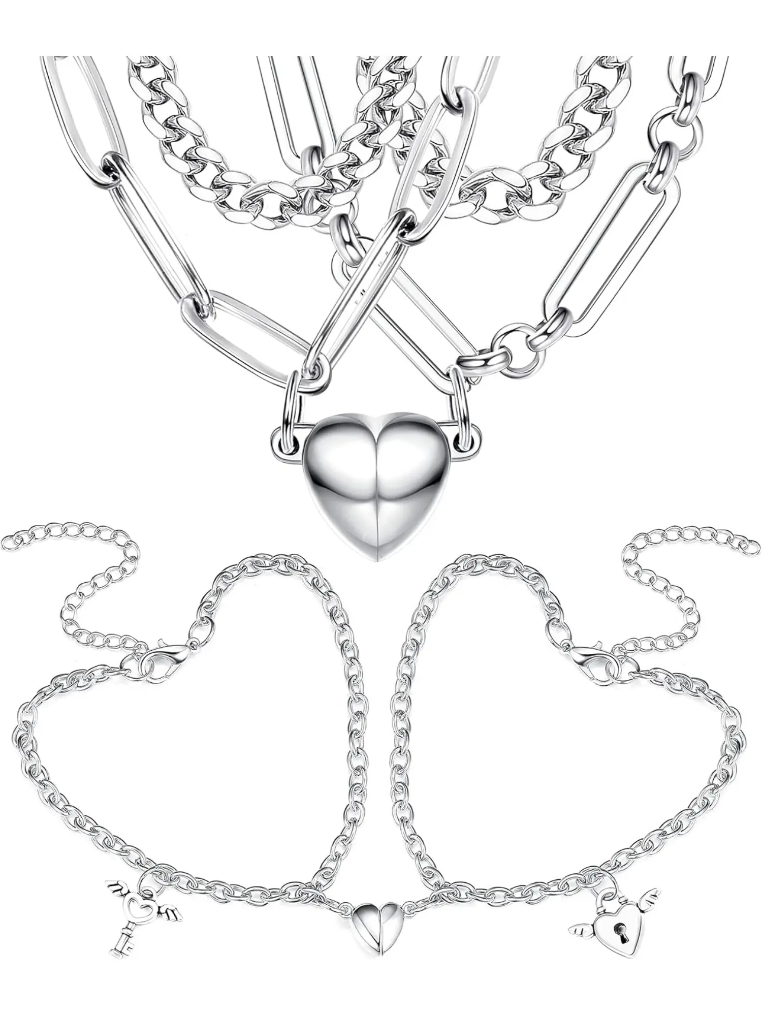 4Pcs Magnetic Bracelet To Necklace Set BFF Matching Bracelet To Stainless Steel Necklace Cuba Necklace Half Heart Necklace To Bracelet Boyfriend and Girlfriend.