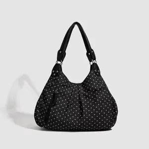 Korean Style Polka Dot Canvas Tote Bag, Large Capacity Foldable Commuter Shoulder Bag Shopping Bag Laptop Bag for University Students