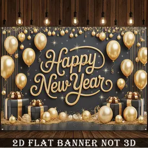 2D Flat Banner,1pc 2026 New Year's Eve Numbered 2026 Balloon Style Banner Wallpaper like Background Cloth Golden Black Large Polyester Fabric for 2026 Party Decoration