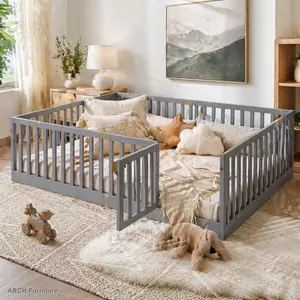 Twin Size ARCH Floorbed - Child-Friendly Montessori Style Bed with High Rubber Wood Fence Enclosure, Safety Rails, Access Door, Grey Infant Bedside Crib for Compact Rooms, Child-Friendly Beds