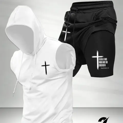 Men's Fashion 2-Piece Activewear Set, Cross Print Hooded Sleeveless Vest Top and Drawstring Waist Basketball Shorts, Comfortable Casual Athletic Gift, Activewear Fitness Outfit, Activewear Shorts Sets