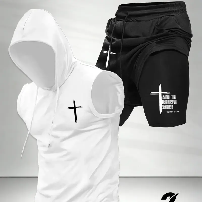 Men's Fashion 2-Piece Activewear Set, Cross Print Hooded Sleeveless Vest Top and Drawstring Waist Basketball Shorts, Comfortable Casual Athletic Gift, Activewear Fitness Outfit, Activewear Shorts Sets